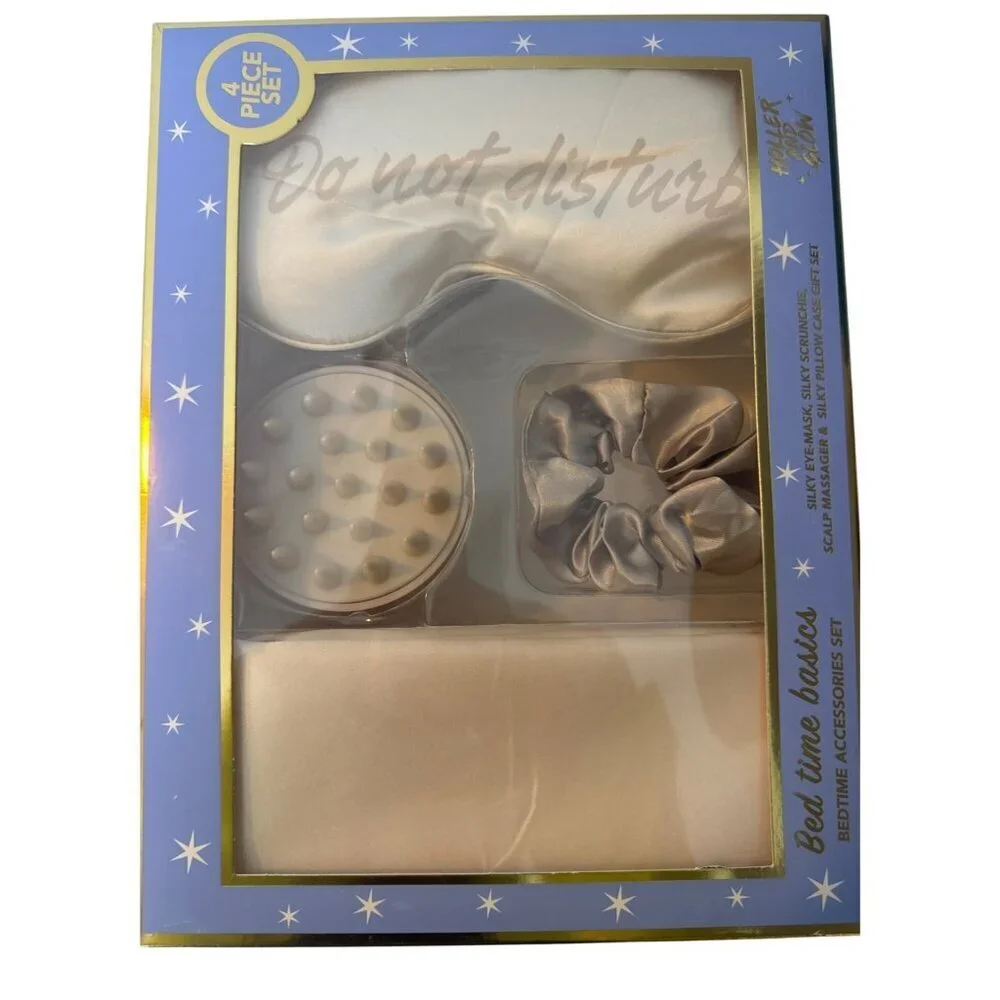 Silk Bedtime Accessories Set With Eye Mask Scrunchie Scalp Massager & Pillowcase